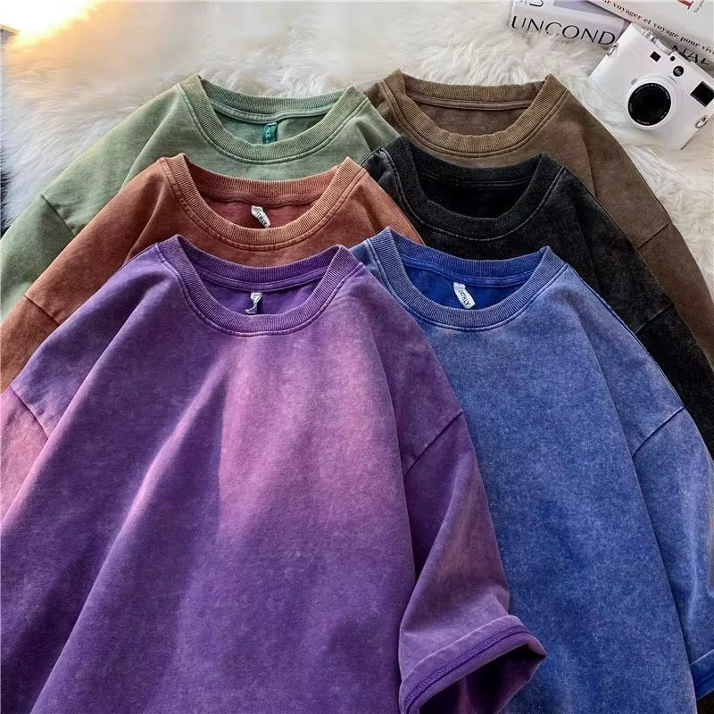 American Style Retro Heavyweight Solid Color Short Sleeved T-Shirt Men Women Summer Street Trendy Washed Old Oversized Clothes