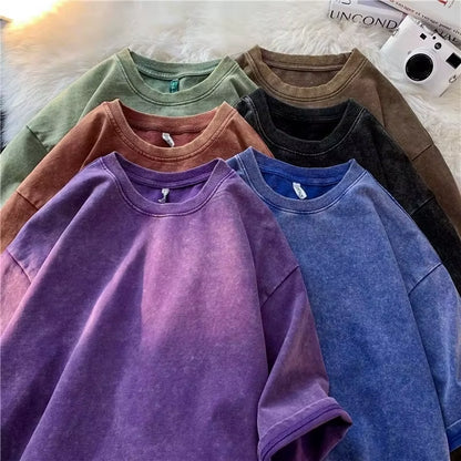 American Style Retro Heavyweight Solid Color Short Sleeved T-Shirt Men Women Summer Street Trendy Washed Old Oversized Clothes